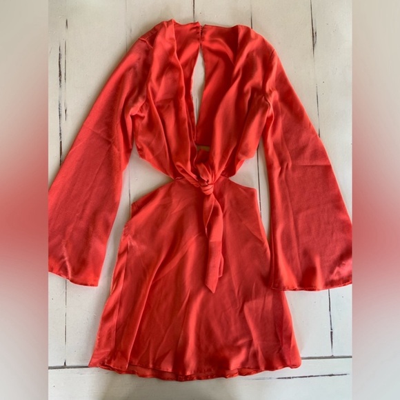 ASOS DESIGN Satin Tie Front Dress with Fluted Sleeves in Red Orange - Size 4 - Picture 7 of 9